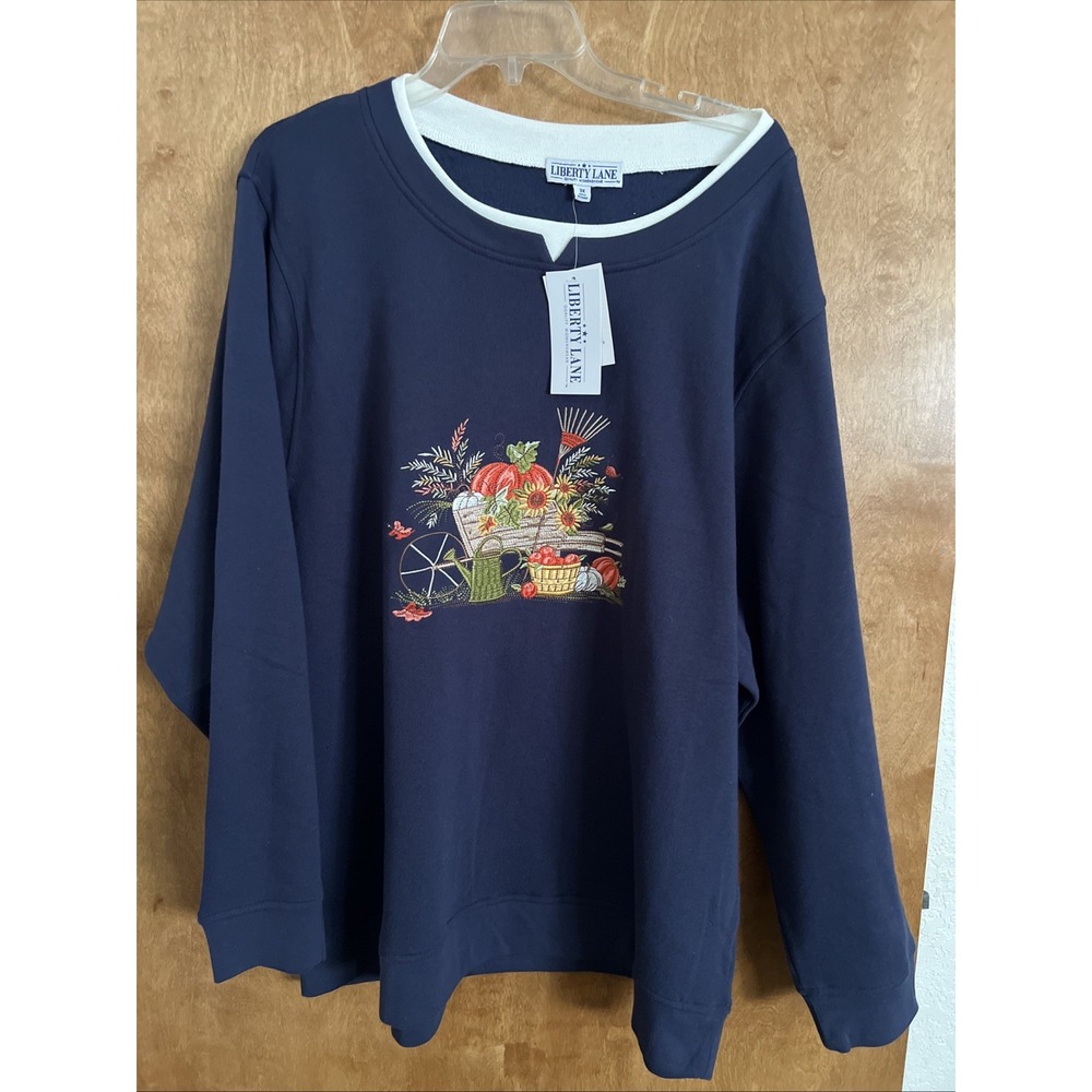 Liberty Lane‎ Sweatshirt Plus XXXL Blue Embroidered Cottage Core Granny Fall 3X